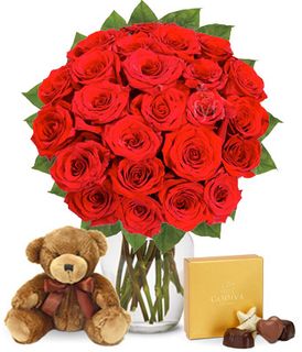 Two Dozen Red Roses with Chocolates &  Bear