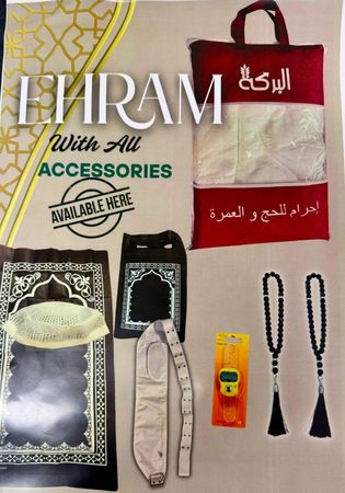 Hajj & Umrah Ihram with Kufi,belt, compass,prayer beads and travel prayer mat