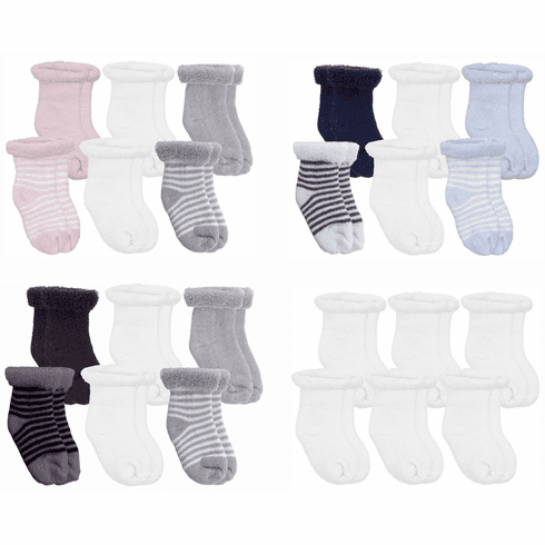Kushies 6-Pack Terry Newborn Striped & Solid Cotton Socks