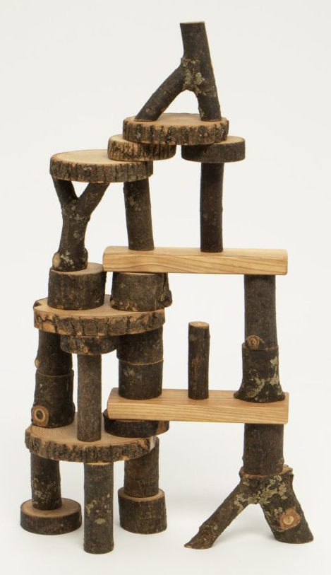 Wooden Tree Blocks with Bark 31 Piece Math Real Wood Building Block Set