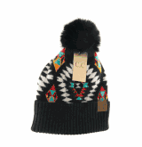 C.C. Beanie Aztec Patterned black Faux Fur Pom Beanie winter hat 
