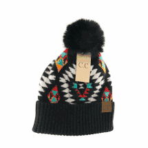 Aztec Patterned black Faux Fur Pom Beanie winter hat 