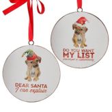 Raz Imports dog disc Christmas ornament Dear Santa red white 6�