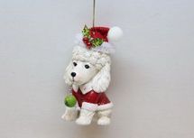 December Diamonds white resin poodle in Santa suit and hat holiday ornament