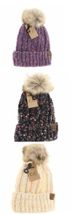 C.C.Beanie fuzzy lined confetti knit hat ivory, black, purple