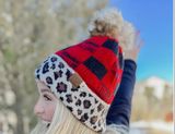 C.C.Beanie hat buffalo leopard mixed print black red 