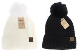 C.C.Beanie hat waffle knit faux fur Pom Pom ivory or black