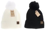 C.C.Beanie hat waffle knit faux fur Pom Pom ivory or black