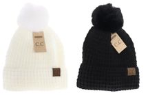 C.C.Beanie hat waffle knit faux fur Pom Pom ivory or black