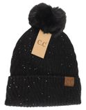 C.C.Beanie sequin black hat faux fur Pom Pom 