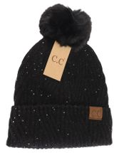 C.C.Beanie sequin black hat faux fur Pom Pom 