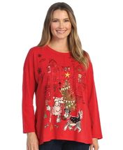 Jess & Jane red Christmas dogs Holiday tails shirt mineral washed dogs Plus size 1x or 3x 