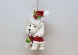 December Diamonds white resin poodle in Santa suit and hat holiday ornament