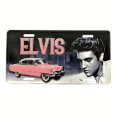 Elvis Presley with pink caddy tin license plate