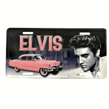 Elvis Presley with pink caddy tin license plate