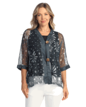 Jess & Jane Evangeline navy and white print Boucle mesh Cardigan M to XL & 1x to 3x