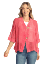 Jess & Jane Mineral washed flounce hem 2 button cardigan Rhaspberry  M to XL 1x-3x