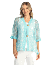 Jess & Jane Nautica aqua green and white floral print Boucle mesh cardigan M to XL & 1x to 3x