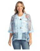 Jess & Jane Newport Blue beachy print Boucle Mesh 2 button Cardigan  M to XL & 1x to 3x
