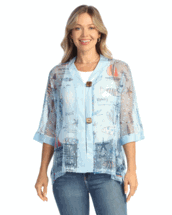 Jess & Jane Newport Blue beachy print Boucle Mesh 2 button Cardigan  M to XL & 1x to 3x