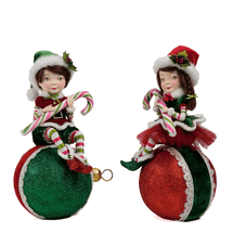 Katherine's Collection  Merry & Magnificent Christmas elf on ornament set of 2 red, green & pink
