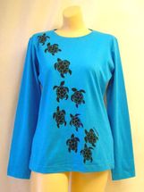 Marushka long sleeve turquoise t-shirt with black sea turtle march  size M