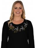 Rhinestone Santa on sleigh with reindeer 3/4 sleeve top red or black