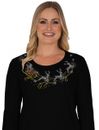 Rhinestone Santa on sleigh with reindeer 3/4 sleeve top red or black