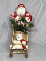 Seasons Designs 18" Santa Claus on wooden sleigh with teddy bear
