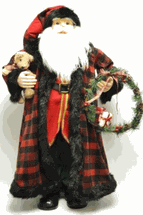 Seasons designs 24" red and black Paid coat Santa Claus with wreath and teddy bear