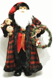 Seasons designs 24" red and black Paid coat Santa Claus with wreath and teddy bear