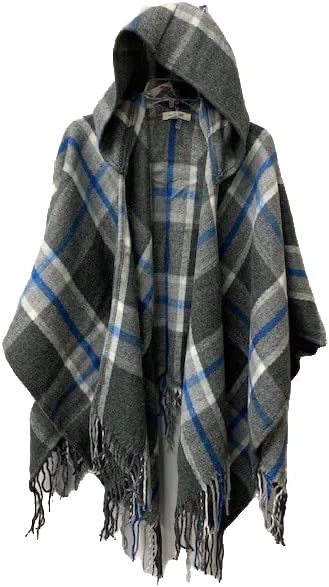 Simply Noelle cardi wrap shawl charcoal grey blue plaid hooded