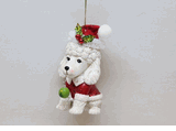 December Diamonds white resin poodle in Santa suit and hat holiday ornament