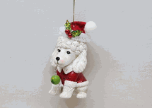 December Diamonds white resin poodle in Santa suit and hat holiday ornament