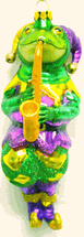 Sold out December Diamonds Mardi Gras Jester frog playing Saxophone glass ornament