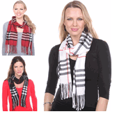 cashmere feel plaid scarf white, black, or red 68"