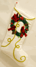 White Christmas stocking 3 cardinals & wreath 19" by Seasons Designs