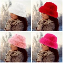 Winter hat Faux fur Russian plush bucket hat white, red, or pink