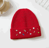 Winter hat red knit beanie rhinestones on cuff 