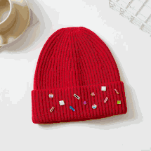 Winter hat red knit beanie rhinestones on cuff 
