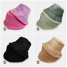 Winter hat reversible faux fur Sherpa bucket hat black camel green purple