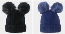 Winter knit beanie hat double Pom Pom black or navy