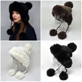 Winter rhinestone ear flap trapper hat faux fur black ivory brown