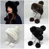 Winter rhinestone ear flap trapper hat faux fur black ivory brown