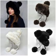 Winter rhinestone ear flap trapper hat faux fur black ivory brown