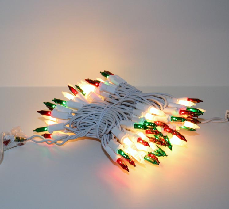 Christmas Lights White Wire w/ Red White & Green Lights, 2.5" Spacing