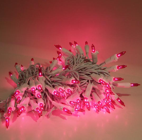 Pink Christmas Lights 100Lights, White Wire w/ Pink Bulbs, 3.5" Spacing, 29'