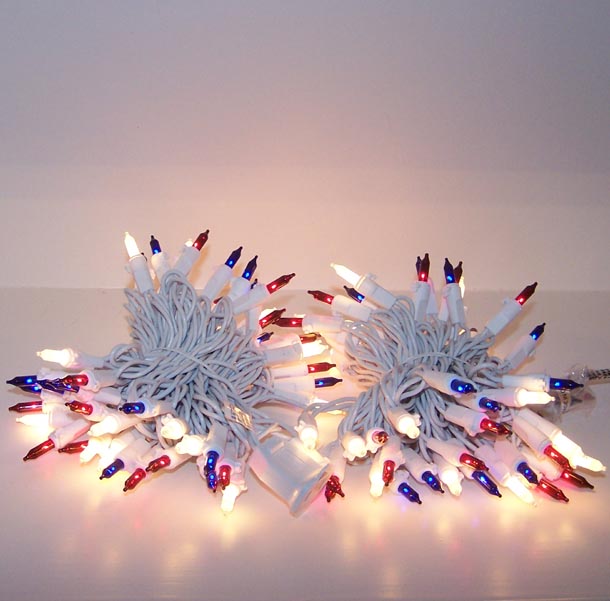 Red White & Blue Christmas Lights Patriotic, White Wire w/ Red White