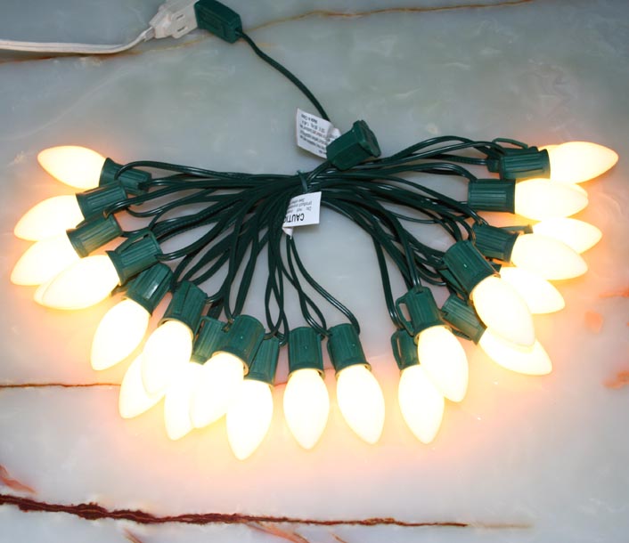 White C9 Ceramic Christmas Lights Green or White Wire w/ 25 Ceramic