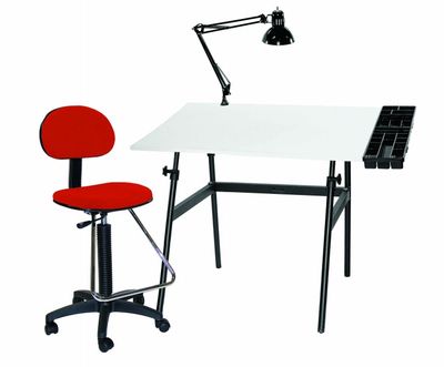 Berkeley 4-pc Combo Black base w/ White Top, Tray Lamp and Drafting Ht. RED Chair 4-pc Combo